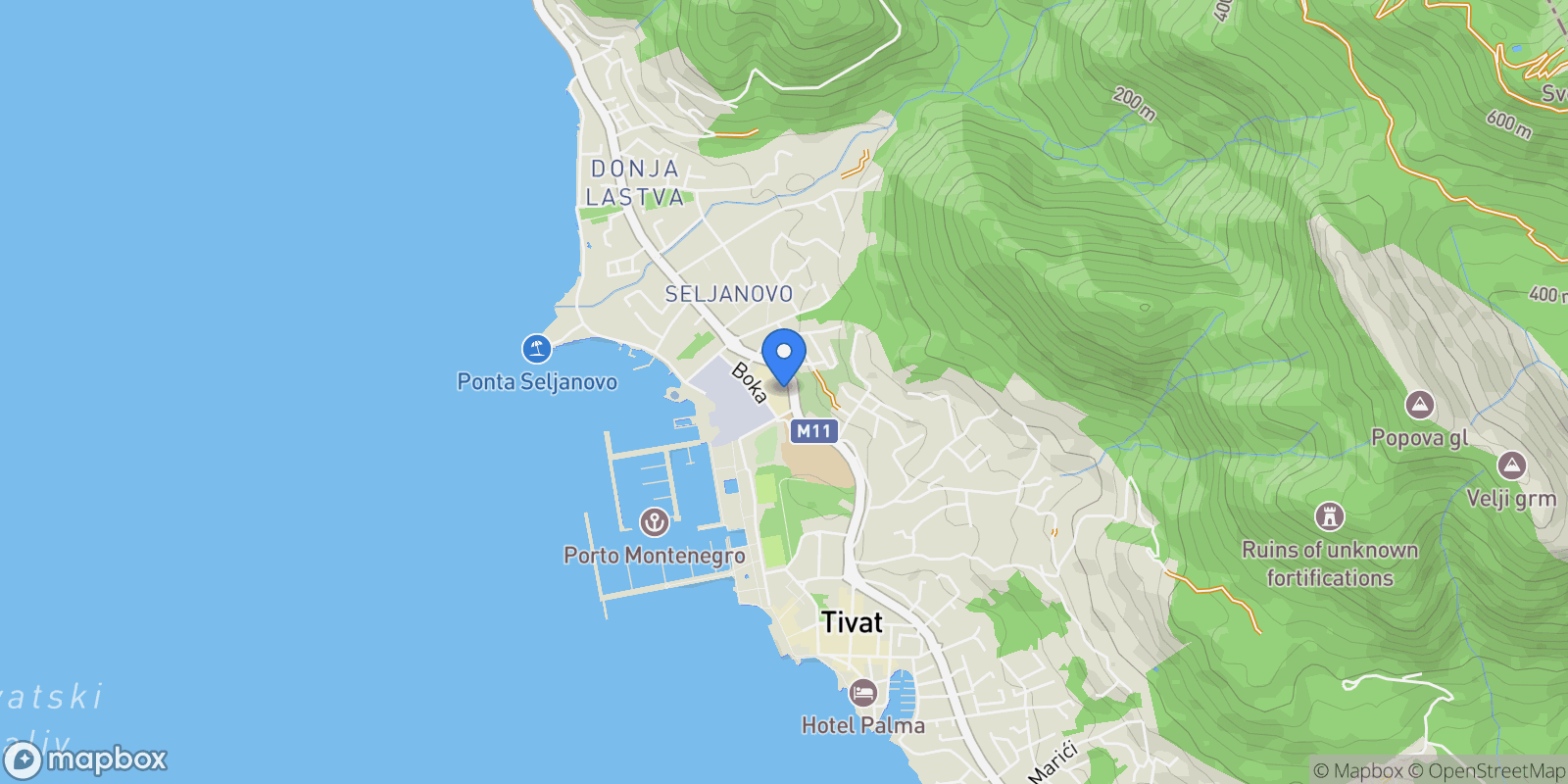 Map showing Jadranska magistrala, Tivat 85320, Montenegro, Tivat, Tivat Municipality, Montenegro.