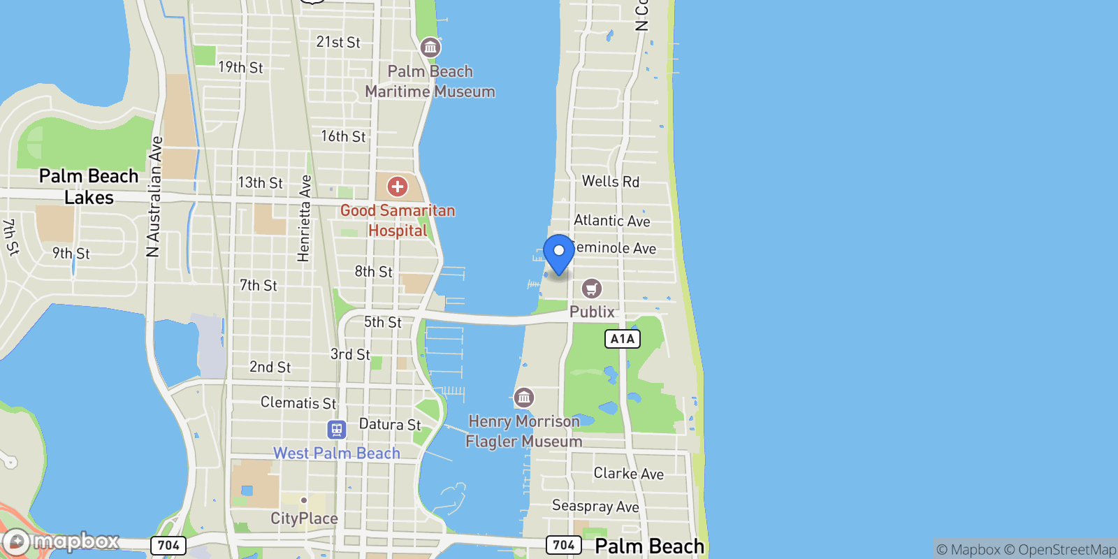 Map showing 150 Bradley Place 101, Palm Beach, Florida, United States.
