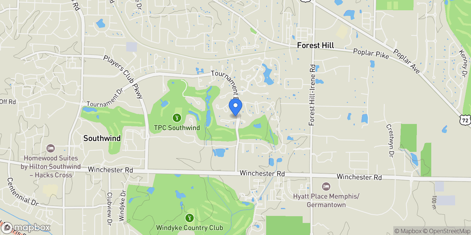 Map showing 8750 PLAYERS FWY, Memphis, TN, 38125, USA, Memphis, Tennessee, United States.