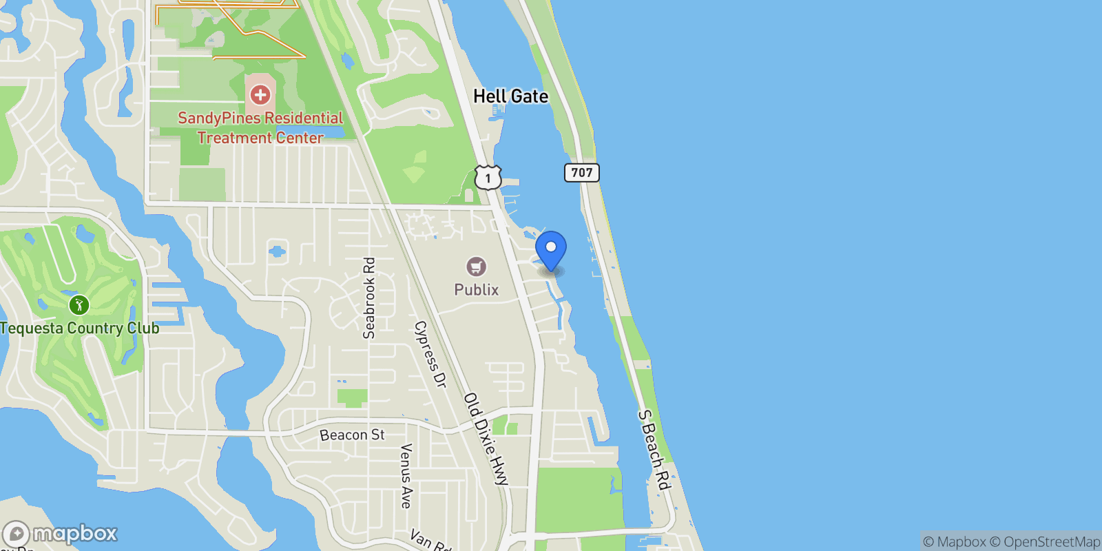 Map showing 3445 Harbor Road N, Tequesta, Florida, United States.