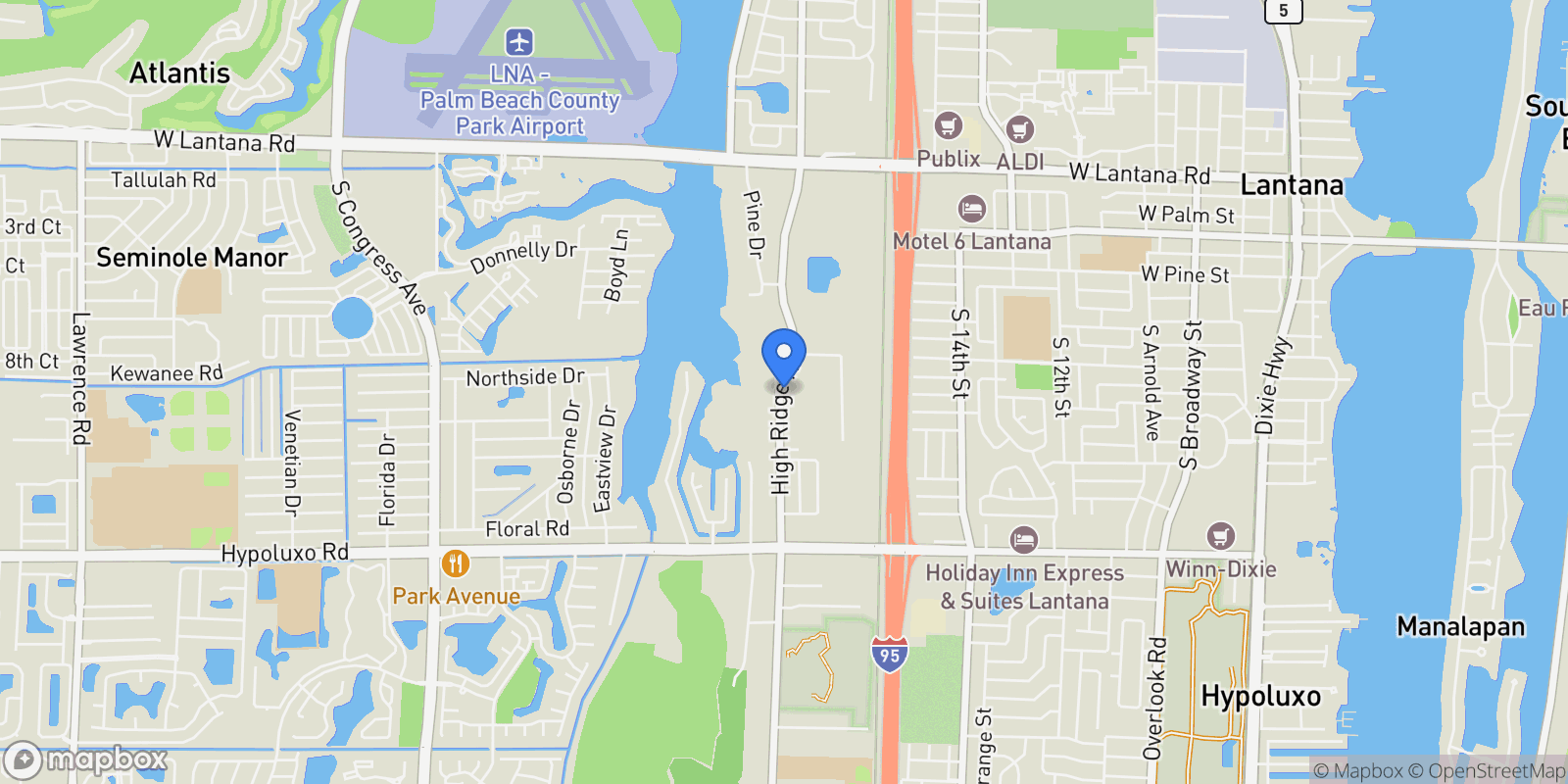 Map showing 6636 High Ridge Road, Lake Worth, FL, 33462, USA, Lantana, Florida, United States.