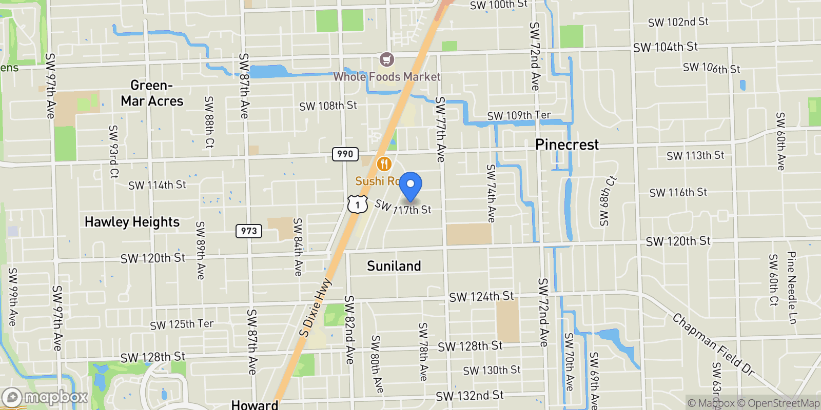 Map showing 7837 SW 117th St, Pinecrest, FL, 33156, USA, Coral Gables, Florida, United States.