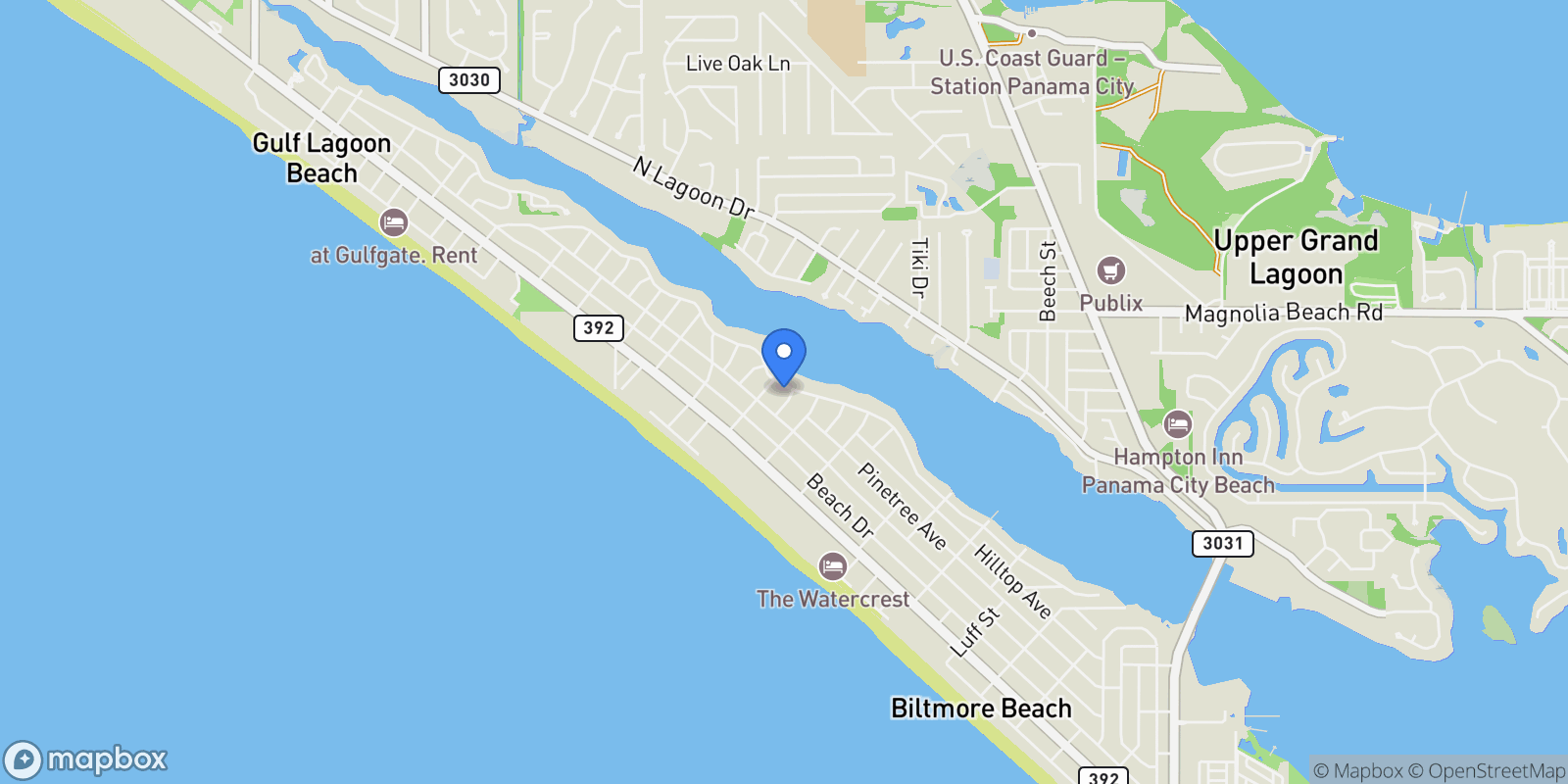 Map showing 6611 S Lagoon Drive, Panama City Beach, FL 32408, Panama City Beach, Florida, United States.