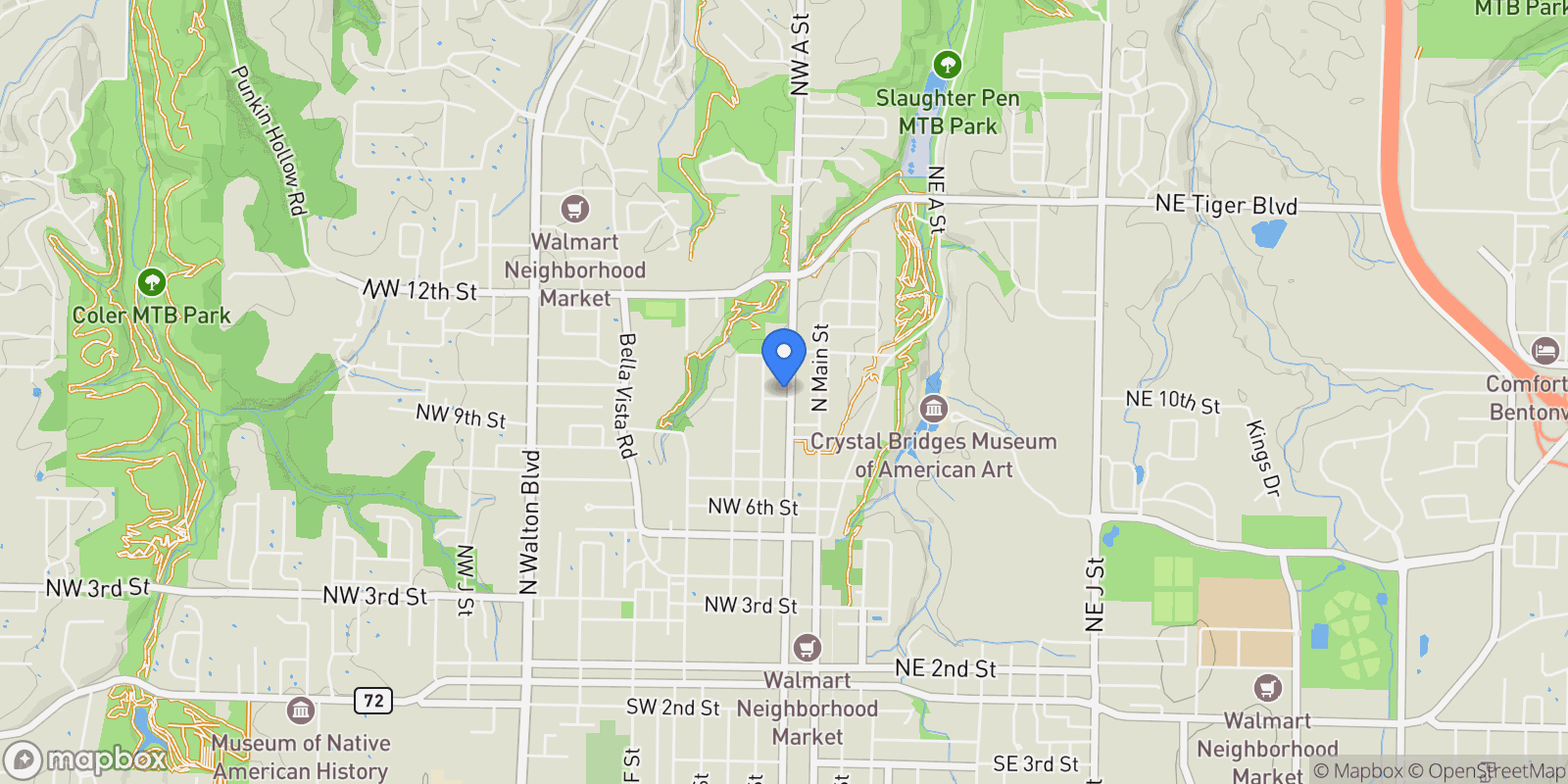 Map showing 204 NW 9th Street, Bentonville, AR 72712, Cave Springs, Arkansas, United States.