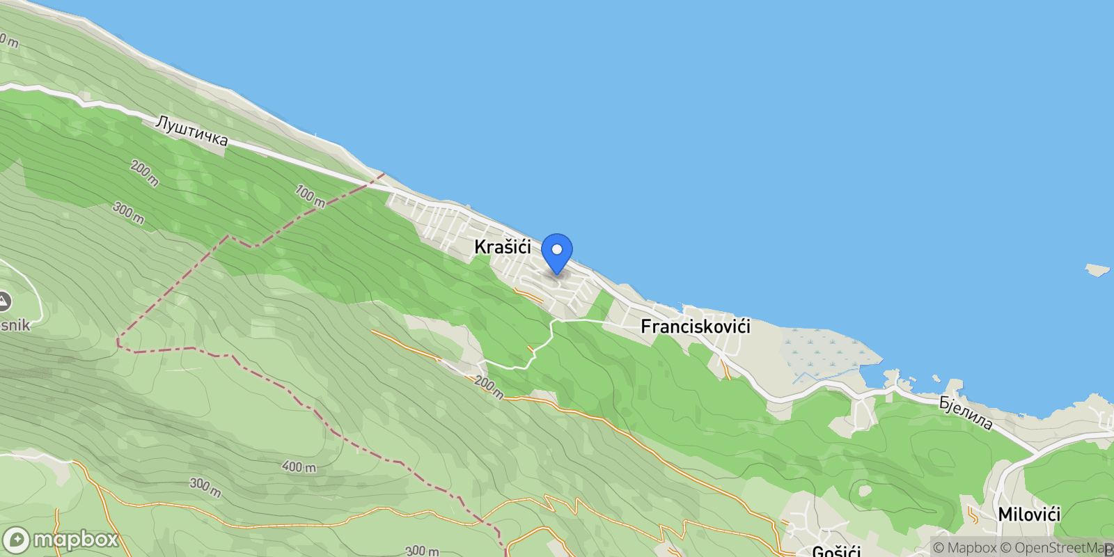 Map showing Krašići, Montenegro, Krašići, Tivat Municipality, Montenegro.