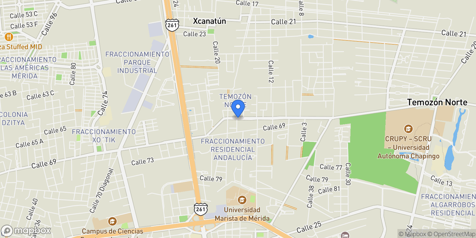 Map showing Av Temozon 45004, Temozón Norte 97302 Mérida Yucatán México, Mérida, Yucatan, Mexico.