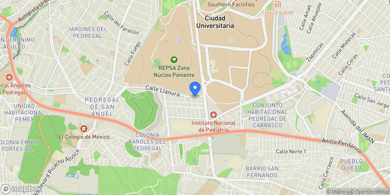 Map showing Llanura 343  , Jardines del Pedregal de San Ángel , 04500 Coyoacán, Ciudad de México, México, Santa Catarina Yecahuitzotl, Mexico City, Mexico.