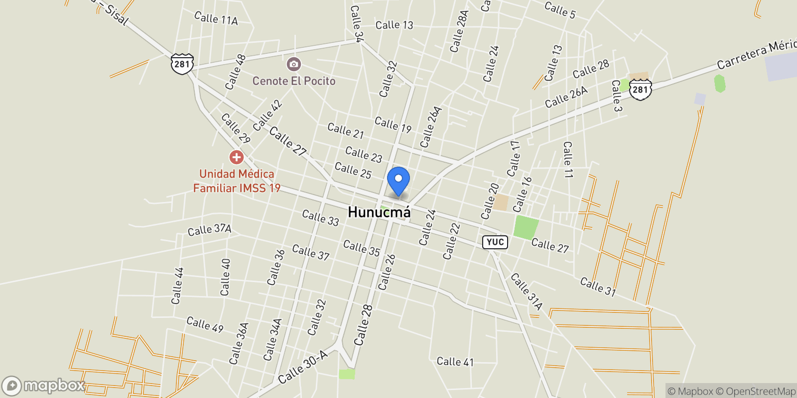 Map showing 44GP+FQ Hunucmá, Yucatán 97458, Centro Hunucmá 97350 Hunucmá Yucatán México, Hunucmá, Yucatan, Mexico.