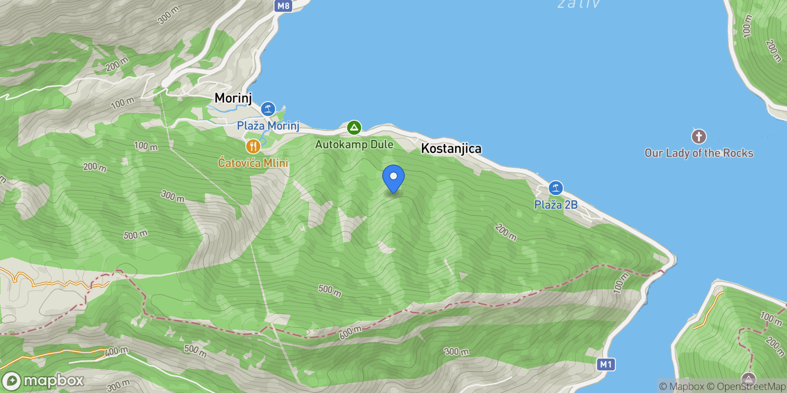 Map showing Kostanjica, Montenegro, Kostanjica, Kotor, Herceg Novi Municipality, Montenegro.