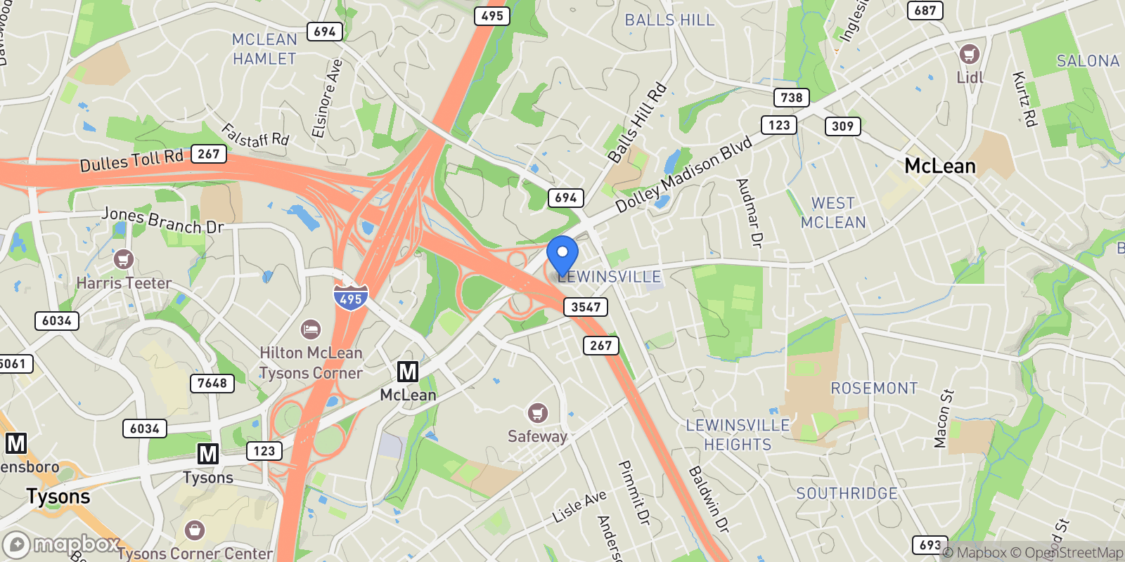 Map showing 7416 Hallcrest, Mclean, VA 22102, McLean, Virginia, United States.