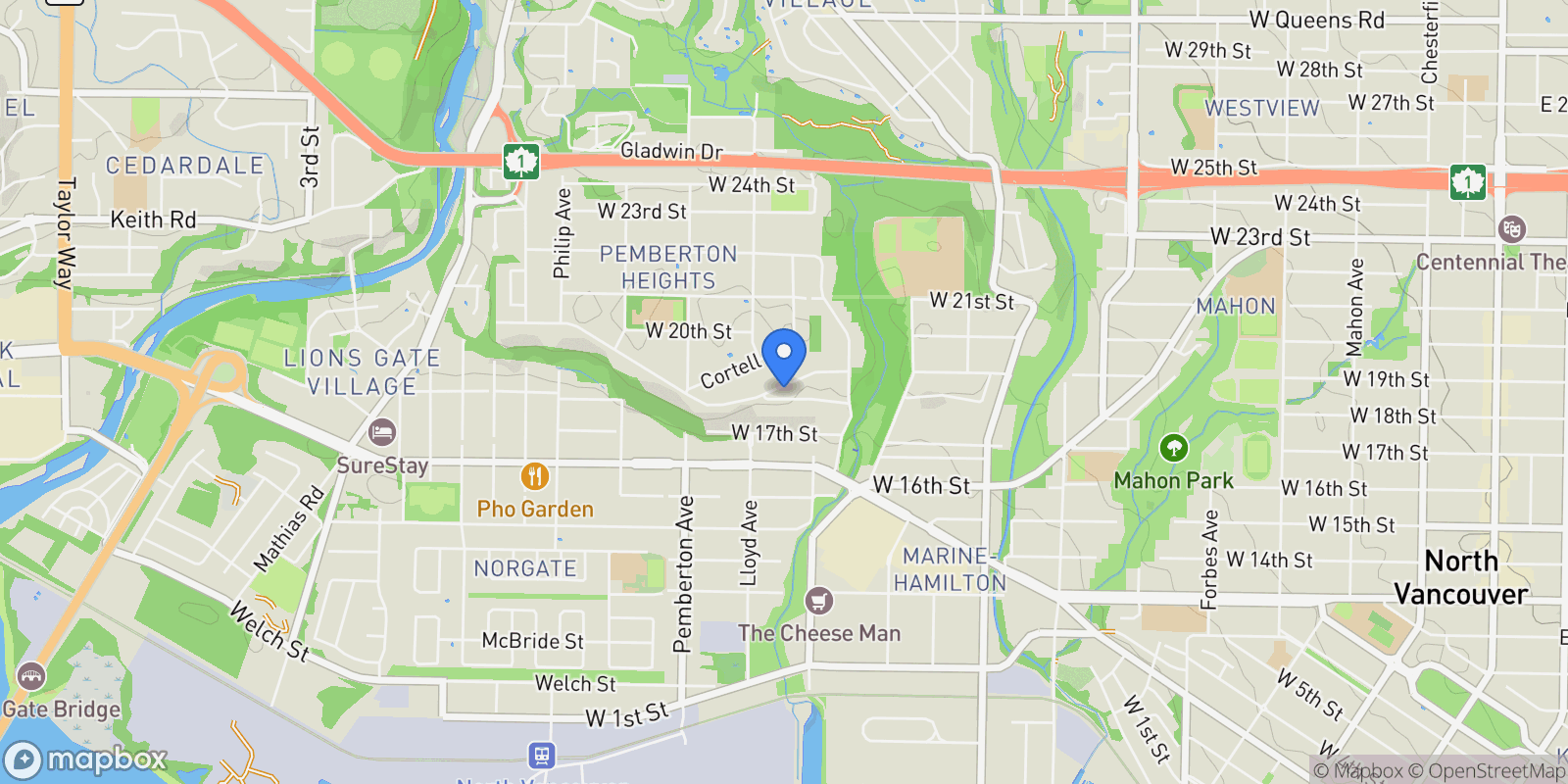 Map showing 1090 W Keith Road, North Vancouver, British Columbia, Canada.