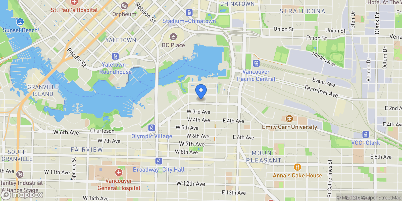 Map showing 1783 Manitoba Street 621, Vancouver, British Columbia, Canada.