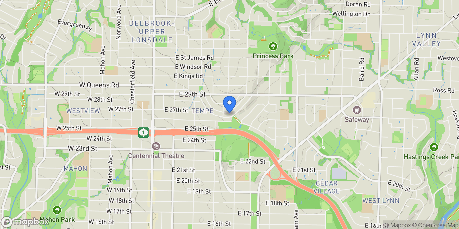 Map showing 452 Tempe Crescent, North Vancouver, British Columbia, Canada.