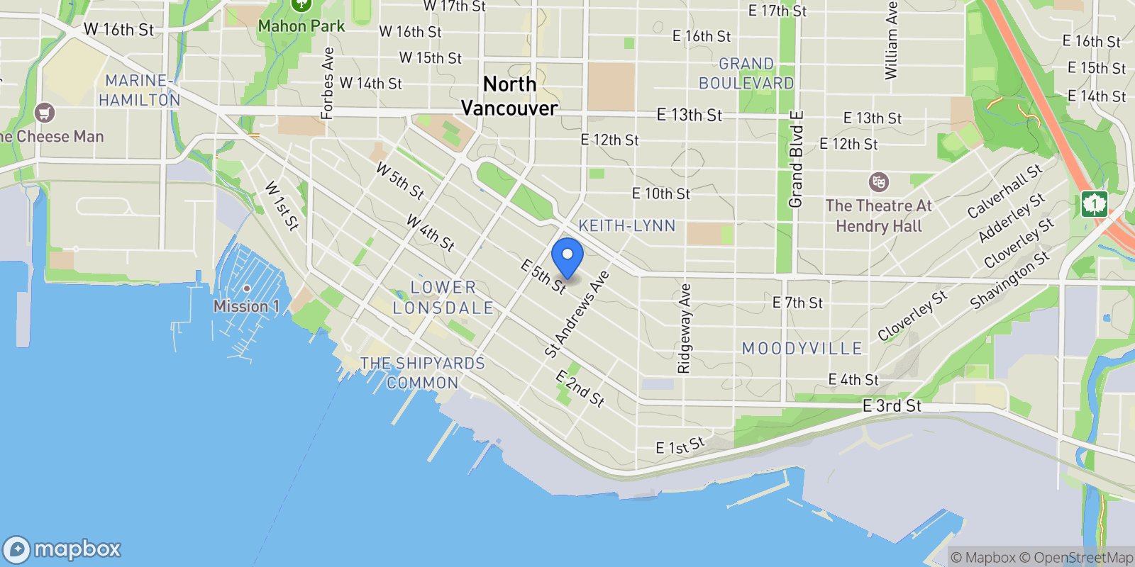 Map showing 244 E 5th Street 1, North Vancouver, British Columbia, Canada.