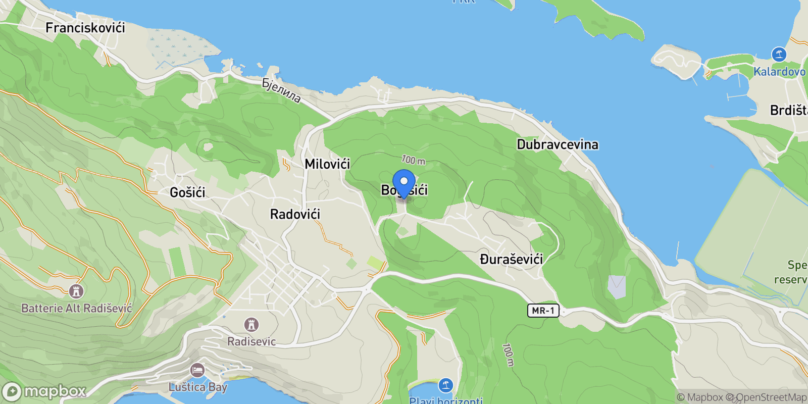 Map showing Bogišići, Montenegro, Bogišići, Tivat Municipality, Montenegro.