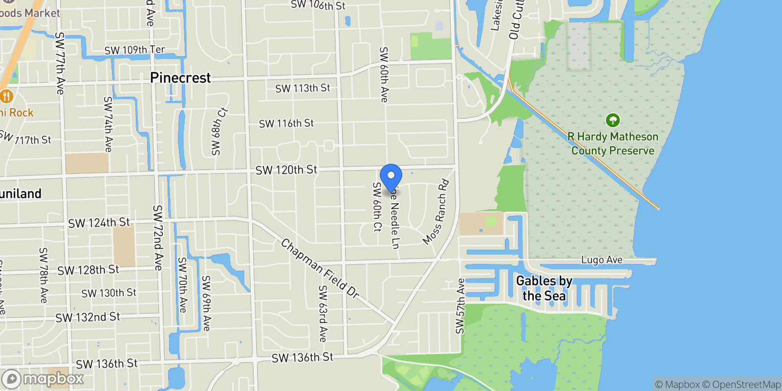 Map showing 12220 Pine Needle Ln, Coral Gables, Florida, United States.