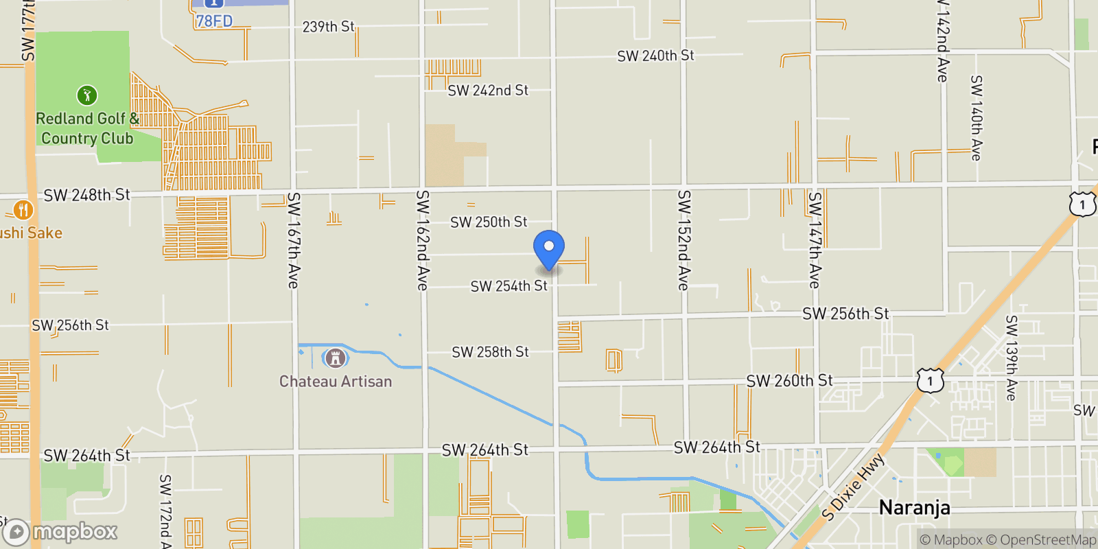 Map showing 15701 SW 254th St, Homestead, Florida, United States.