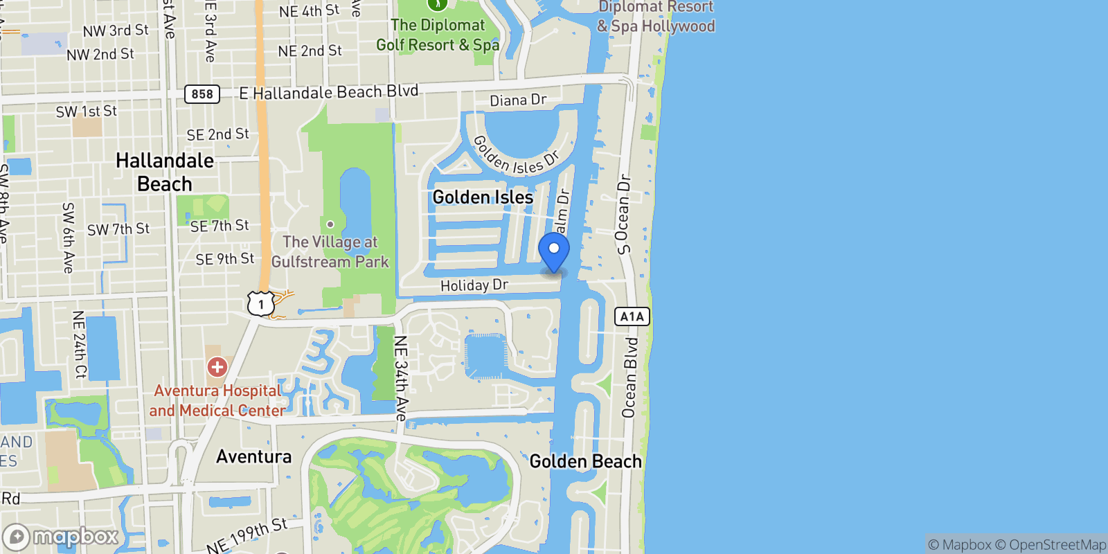 Map showing 110 Holiday Dr, Hallandale Beach, Florida, United States.