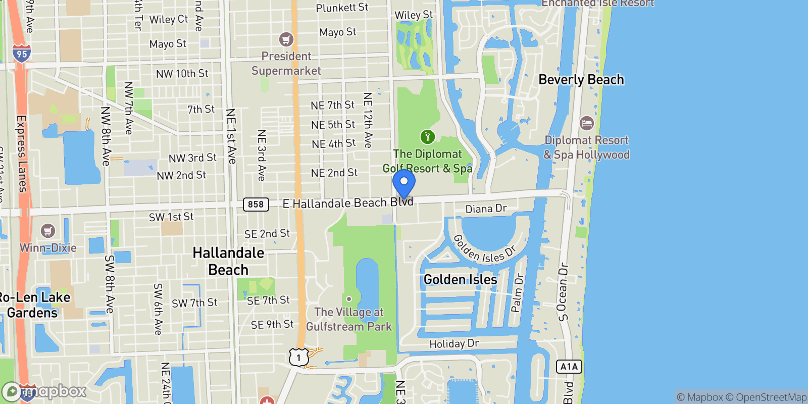 Map showing Hallandale Beach, Florida, United States.