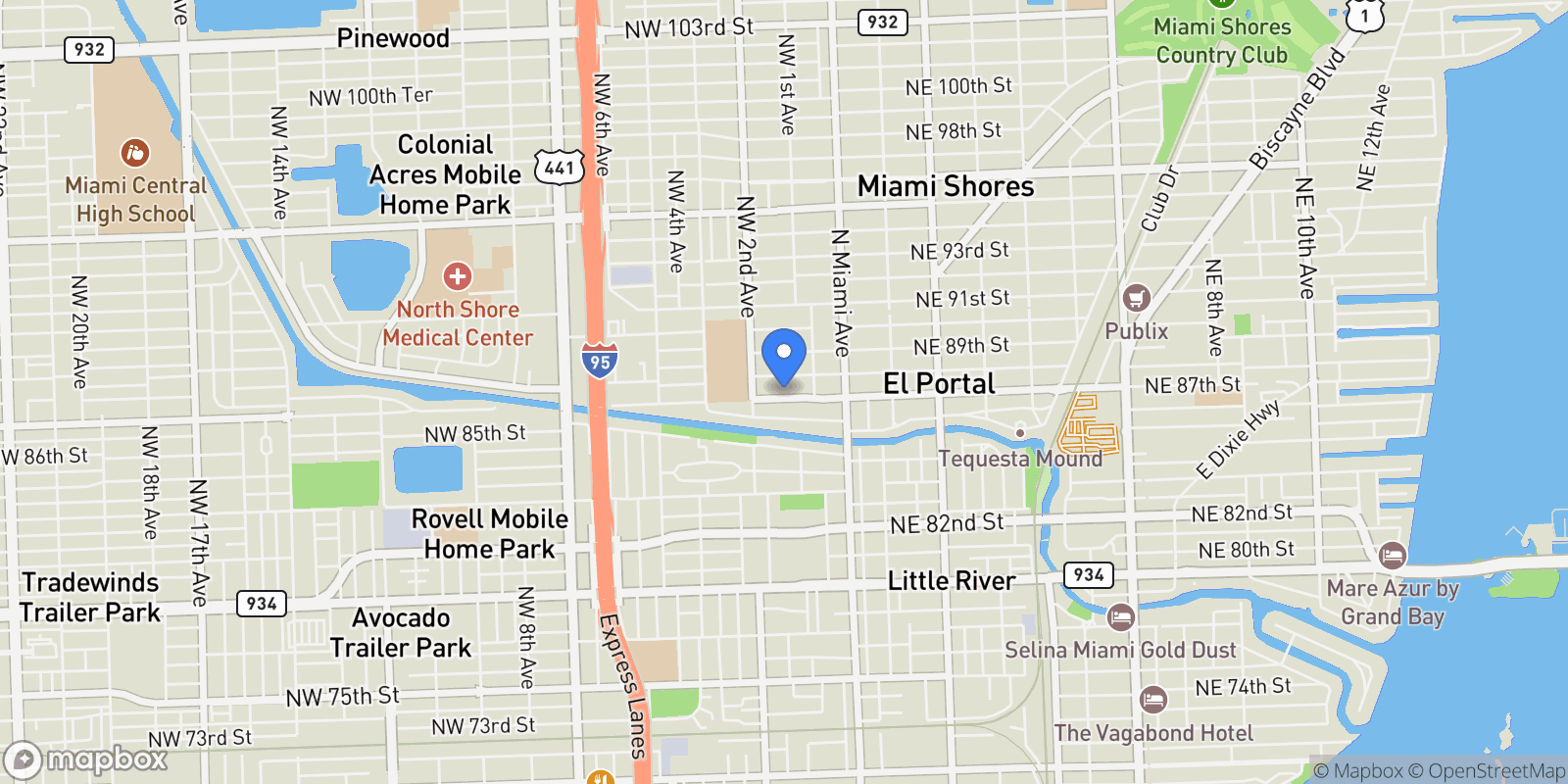 Map showing 151 NW 87th St, Miami, Florida, United States.
