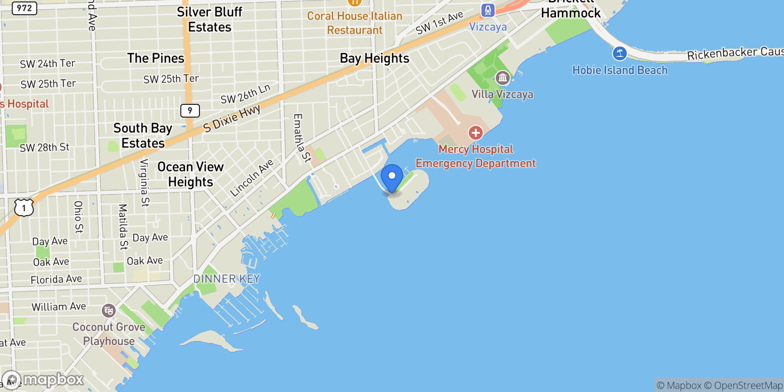 Map showing 2 Grove Isle Dr B404, Miami, Florida, United States.