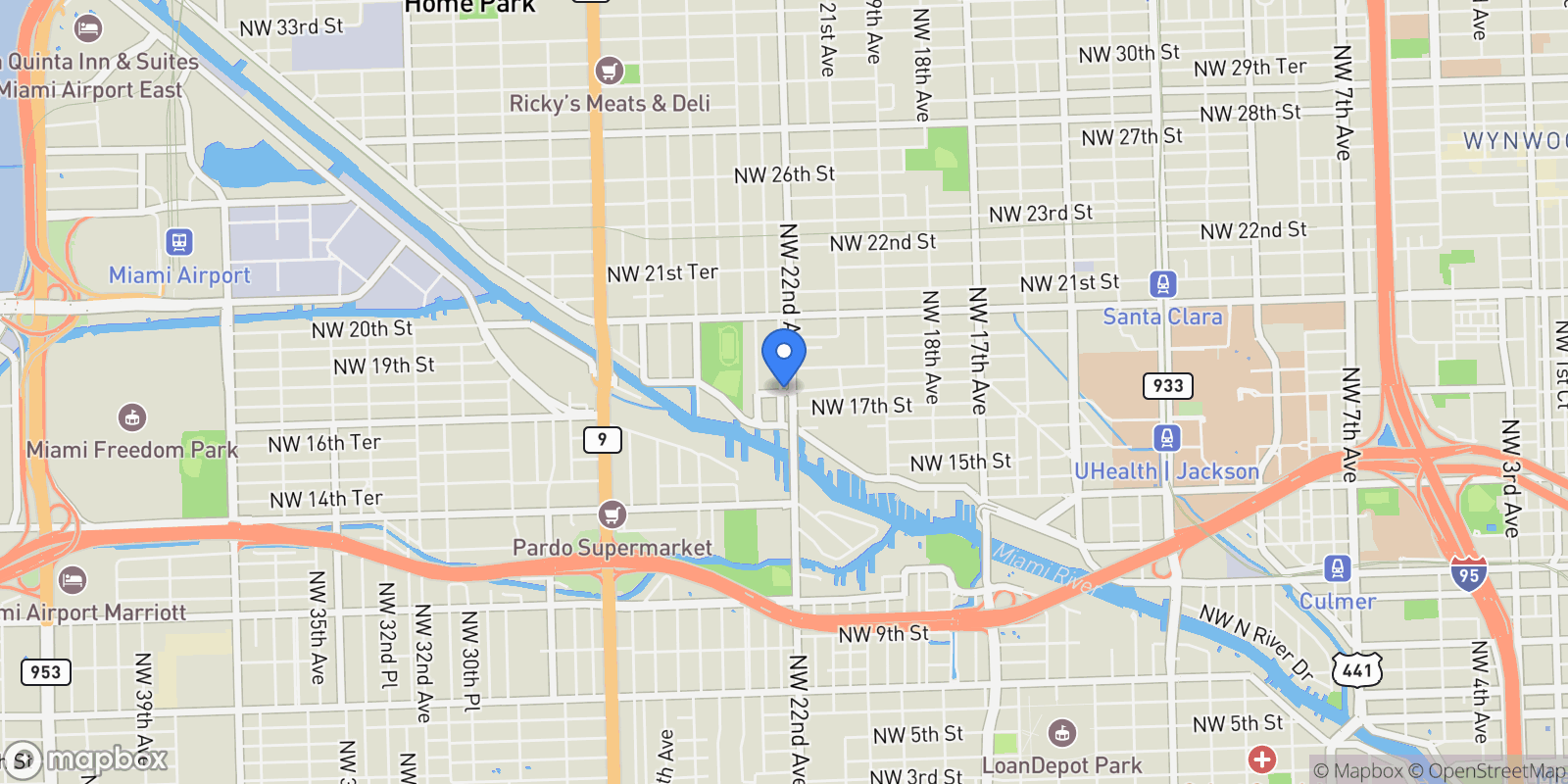 Map showing 1805 NW 22nd Ct, Miami, Florida, United States.