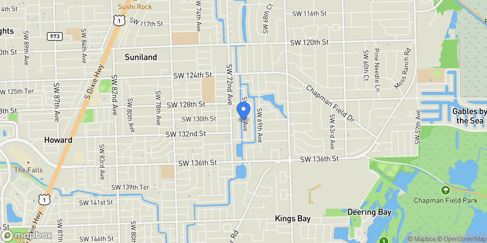 Map showing 13020 SW 70th Ave, Coral Gables, Florida, United States.