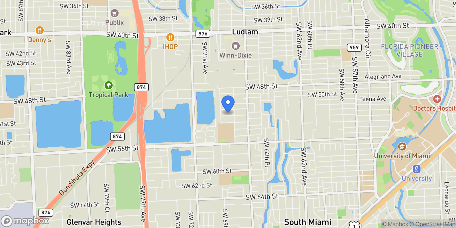 Map showing 6845 SW 52nd St, Miami, Florida, United States.