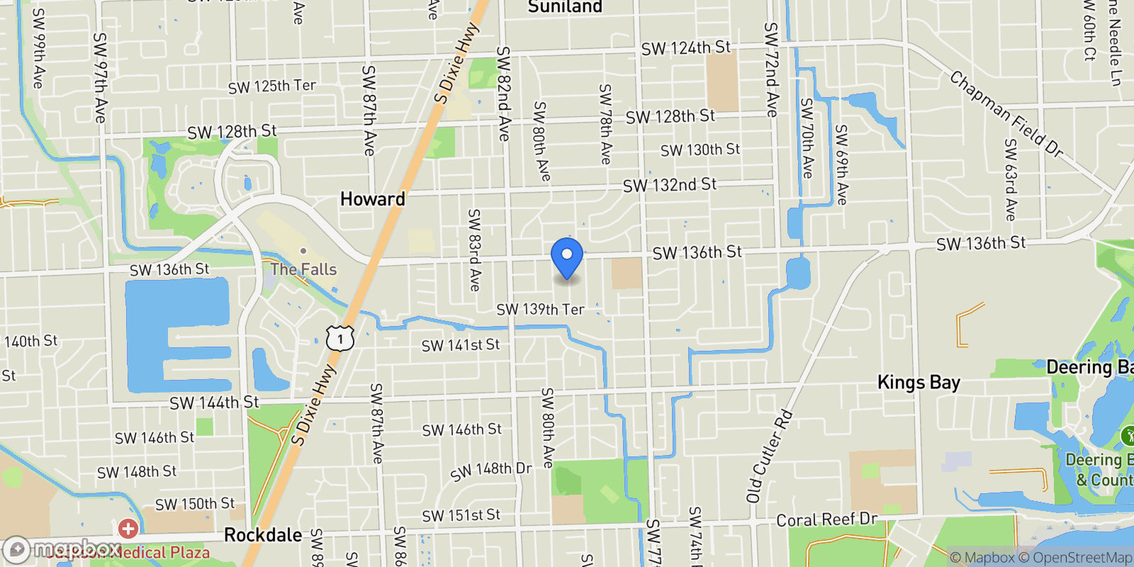 Map showing 13800 SW 79th Ct, Coral Gables, Florida, United States.