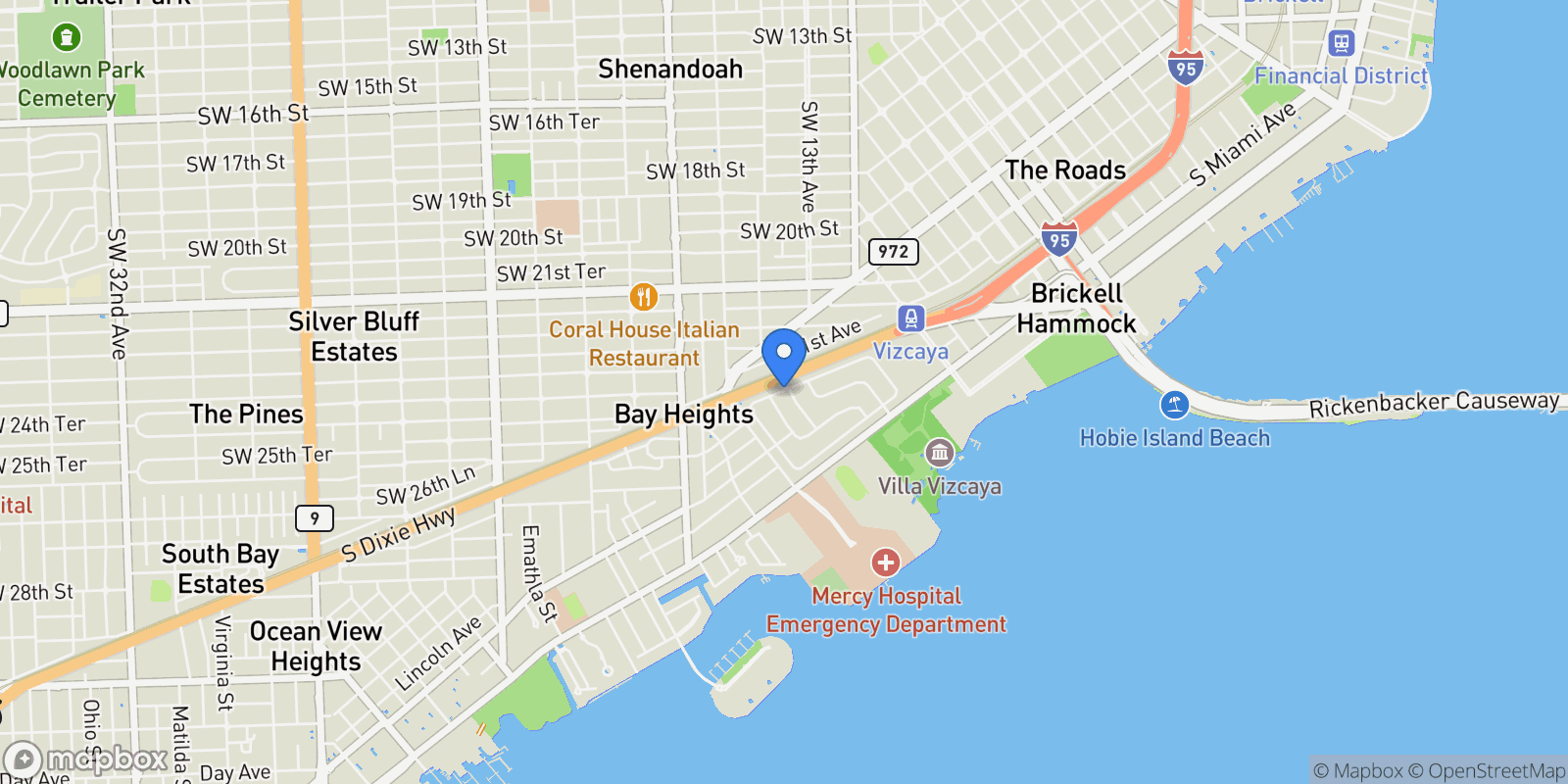 Map showing 110 W Shore Dr W, Miami, Florida, United States.