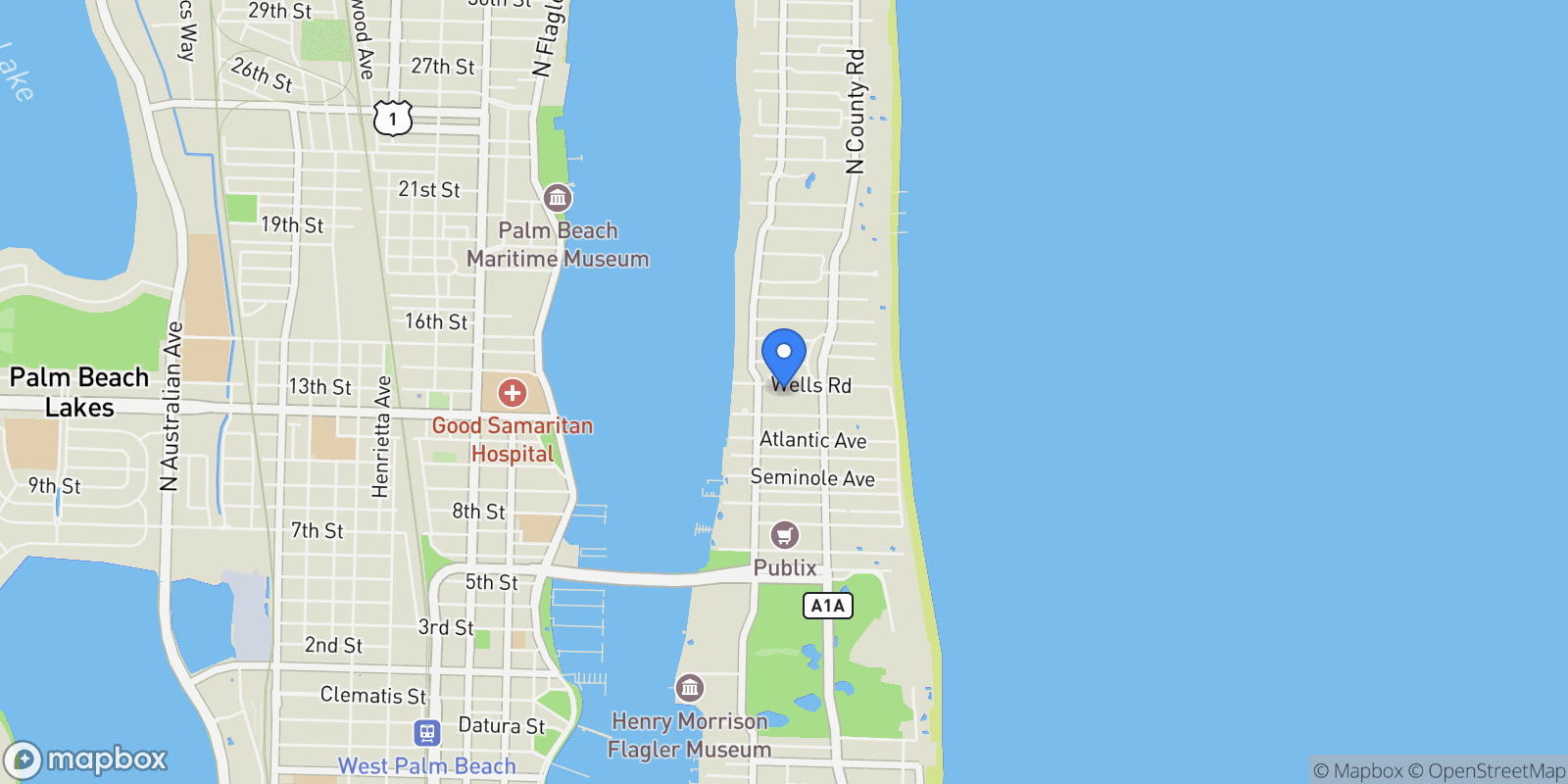 Map showing 242 Wells Road, Palm Beach, Florida, United States.