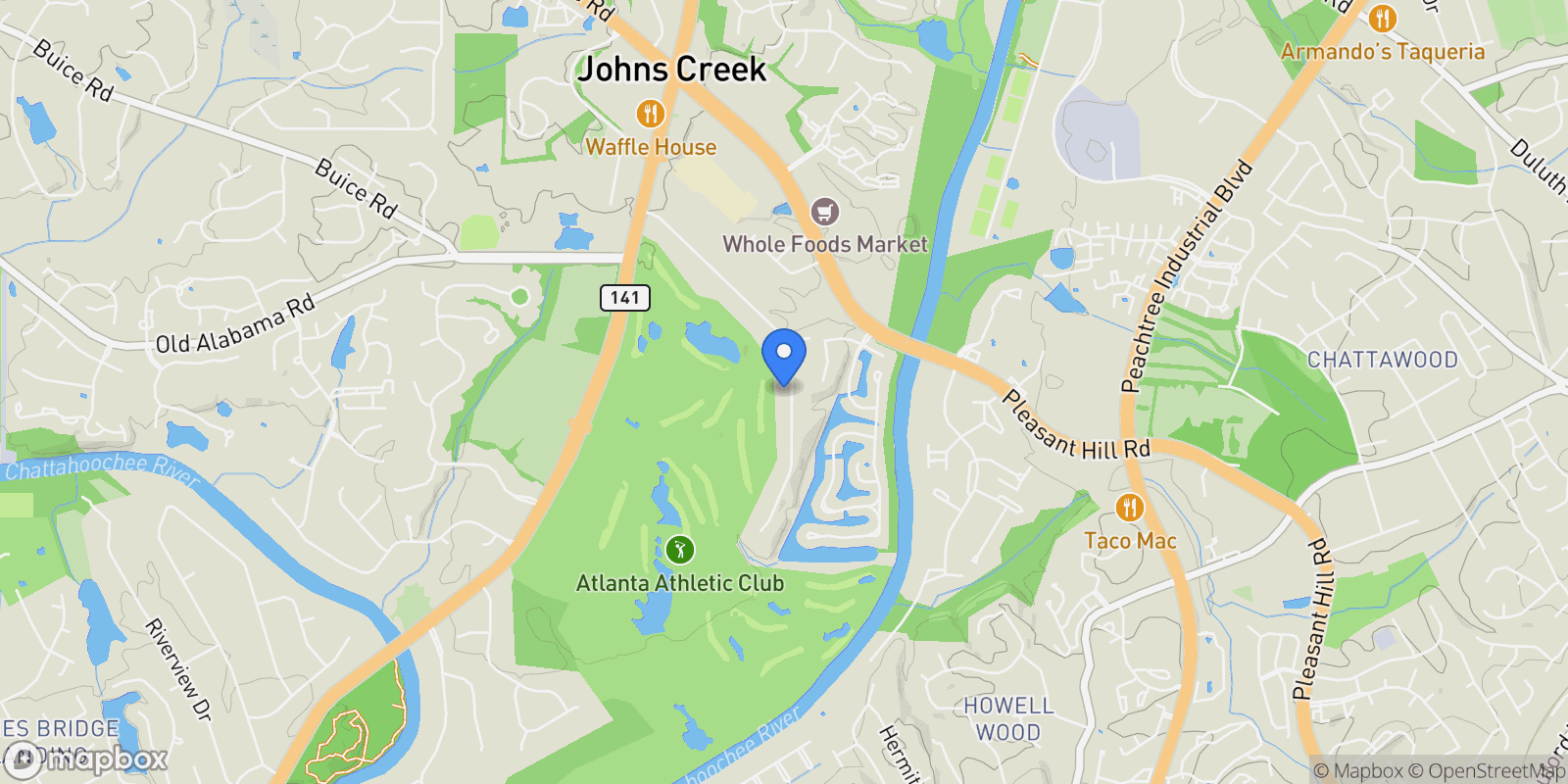 Map showing 9355 Riverclub Parkway, Johns Creek, Georgia, United States.