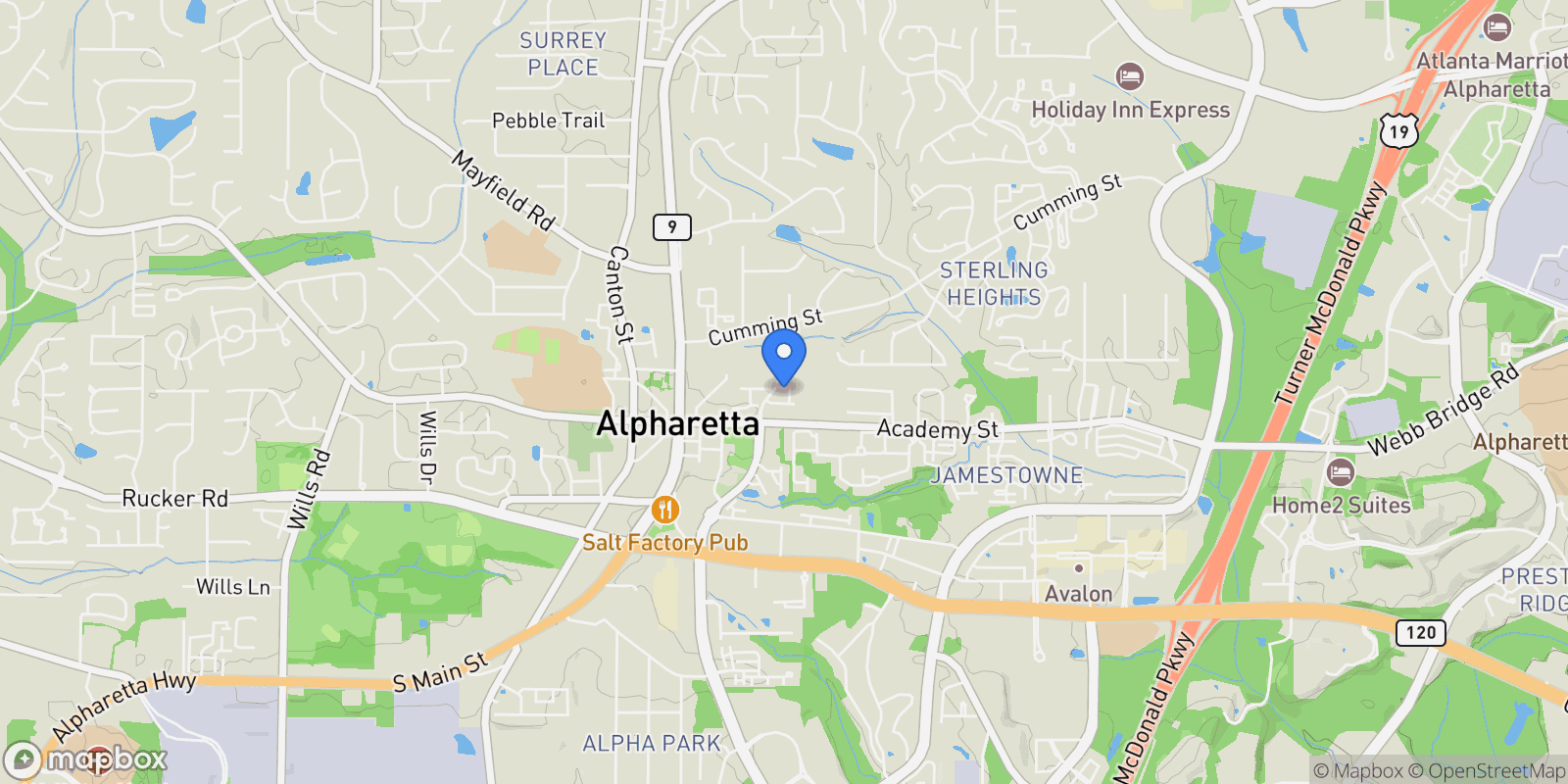 Map showing 105 Martin Run, Alpharetta, Georgia, United States.