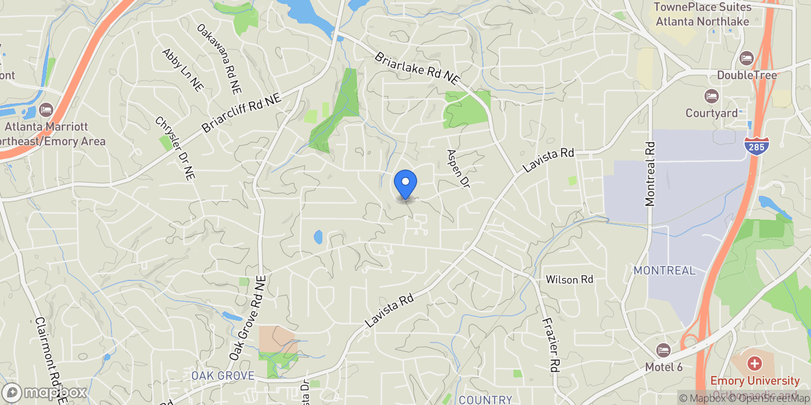 Map showing 1833 Castleway Lane NE, Decatur, Georgia, United States.