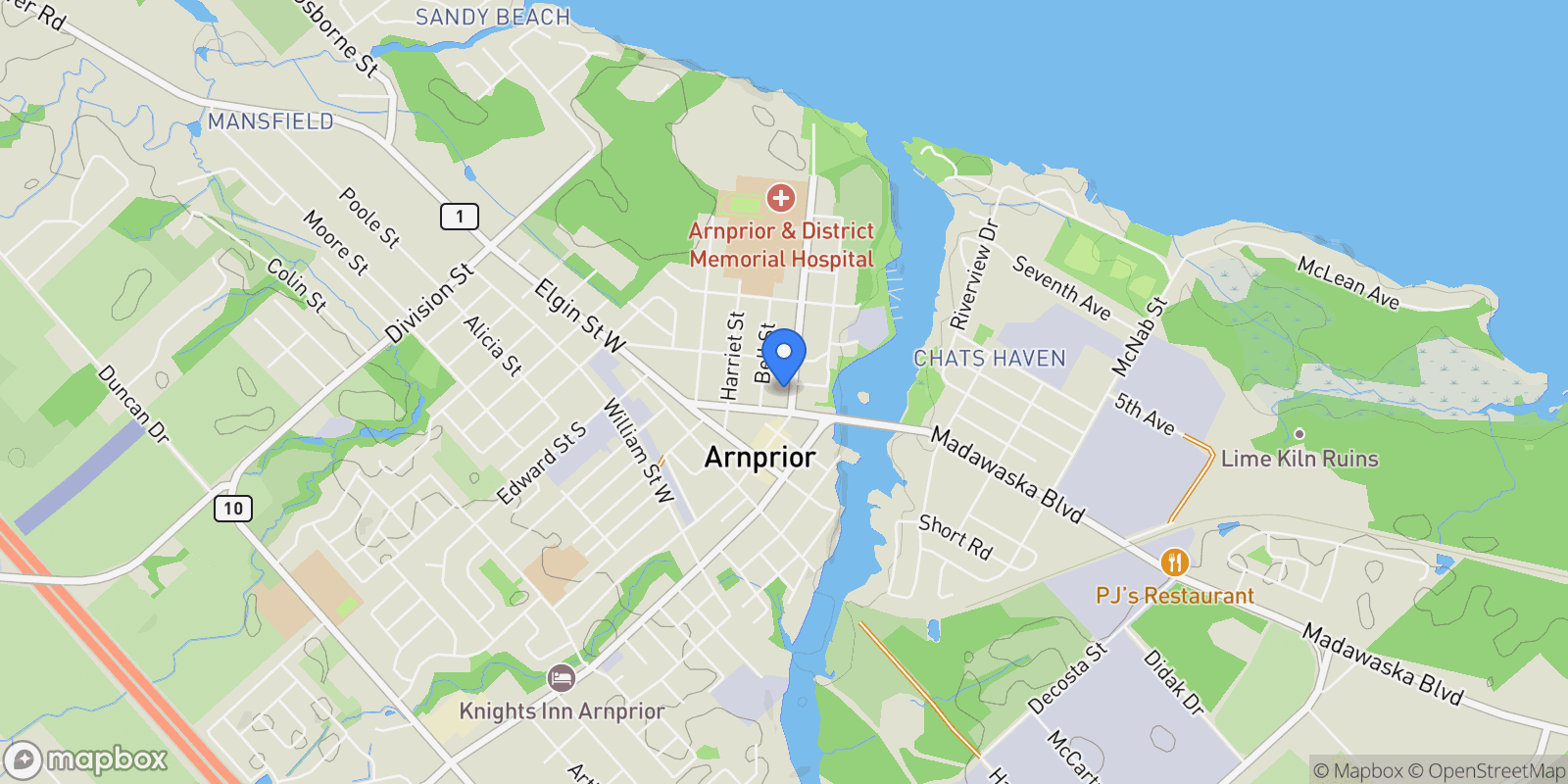Map showing 190 John Street N, Arnprior, Ontario, Canada.