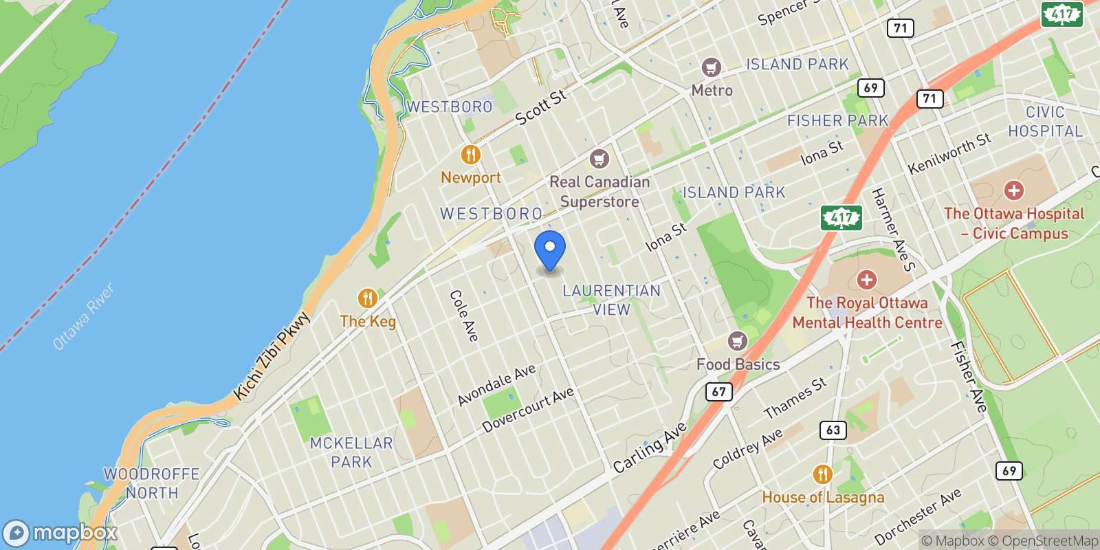 Map showing 493 Highcroft Avenue, Ottawa, Ontario, Canada.