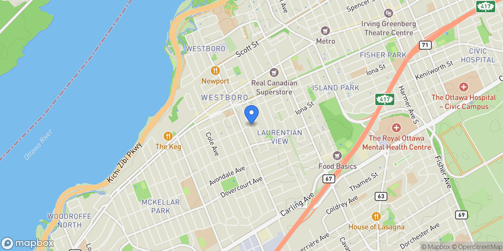 Map showing 493 Highcroft Avenue, Ottawa, Ontario, Canada.