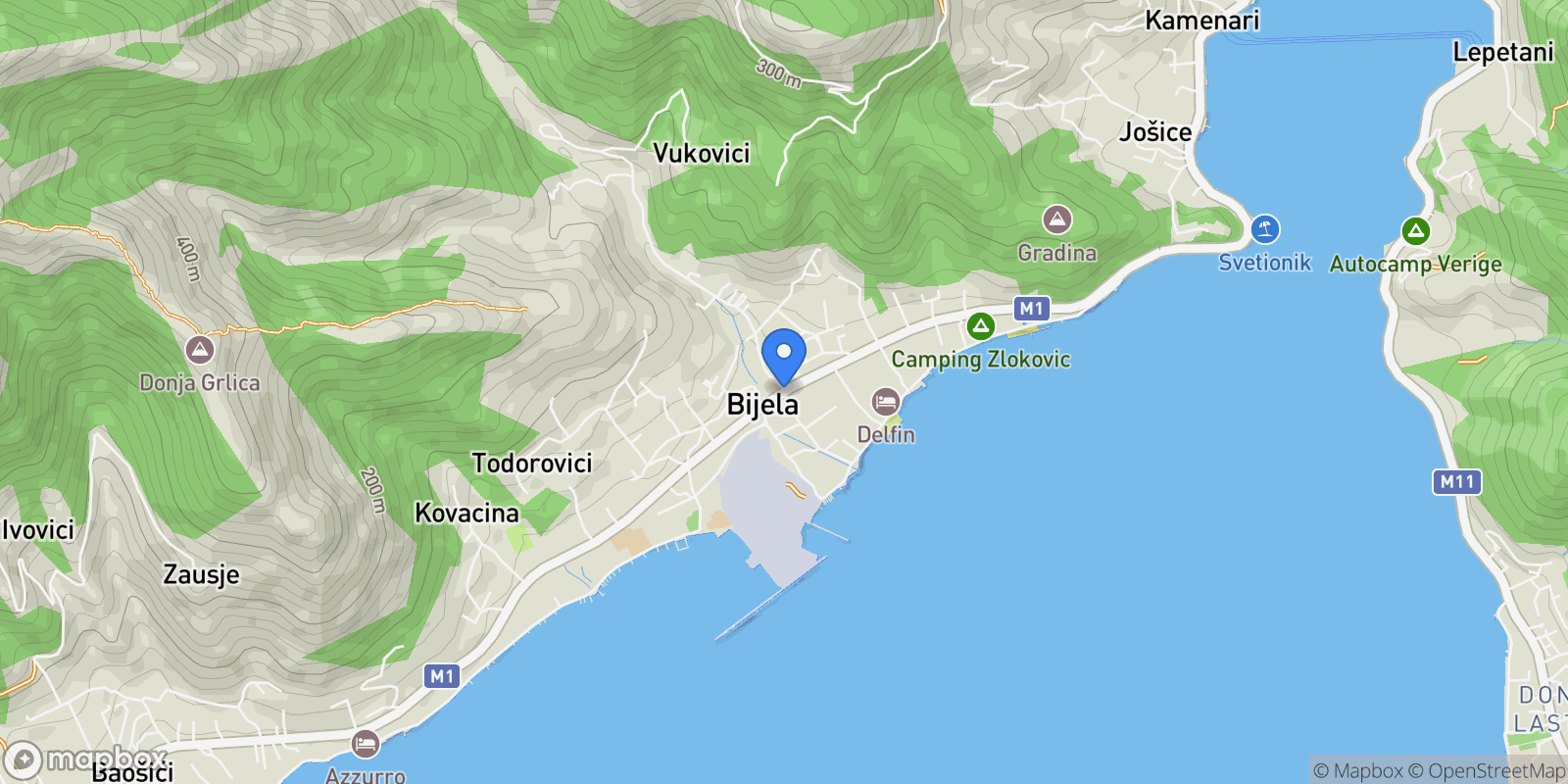 Map showing Bijela, Montenegro, Bijela, Herceg Novi Municipality, Montenegro.