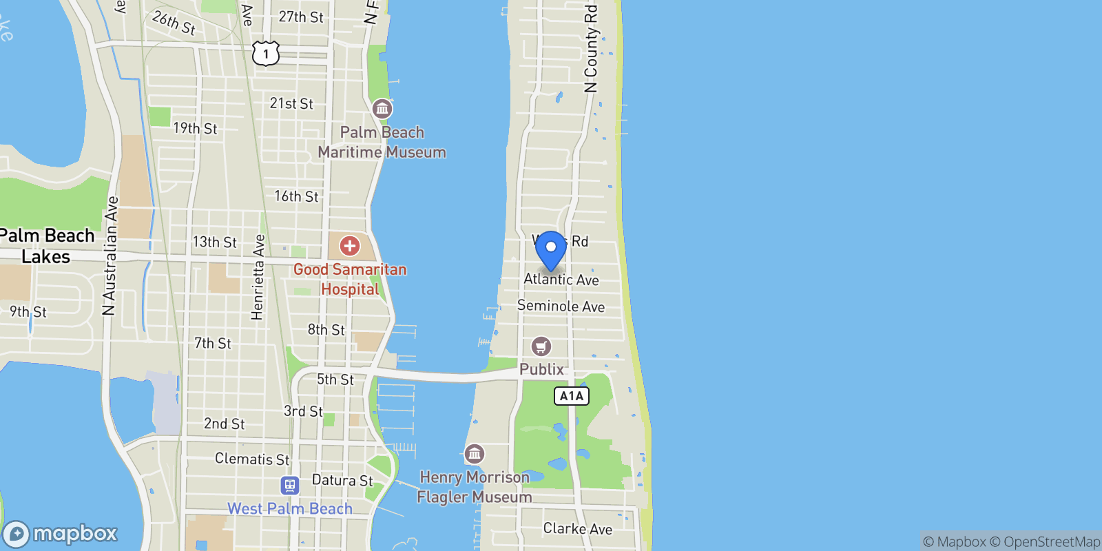 Map showing 223 Atlantic Avenue D2, Palm Beach, Florida, United States.