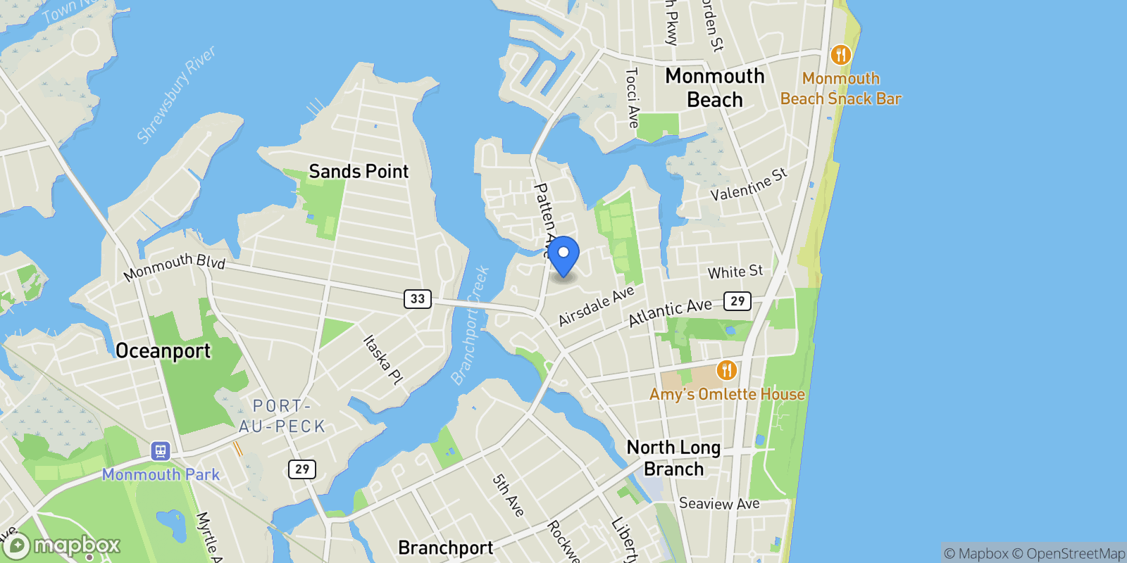 Map showing 165 Kingsley Street, Long Branch, NJ 07740, Long Branch, New Jersey, United States.