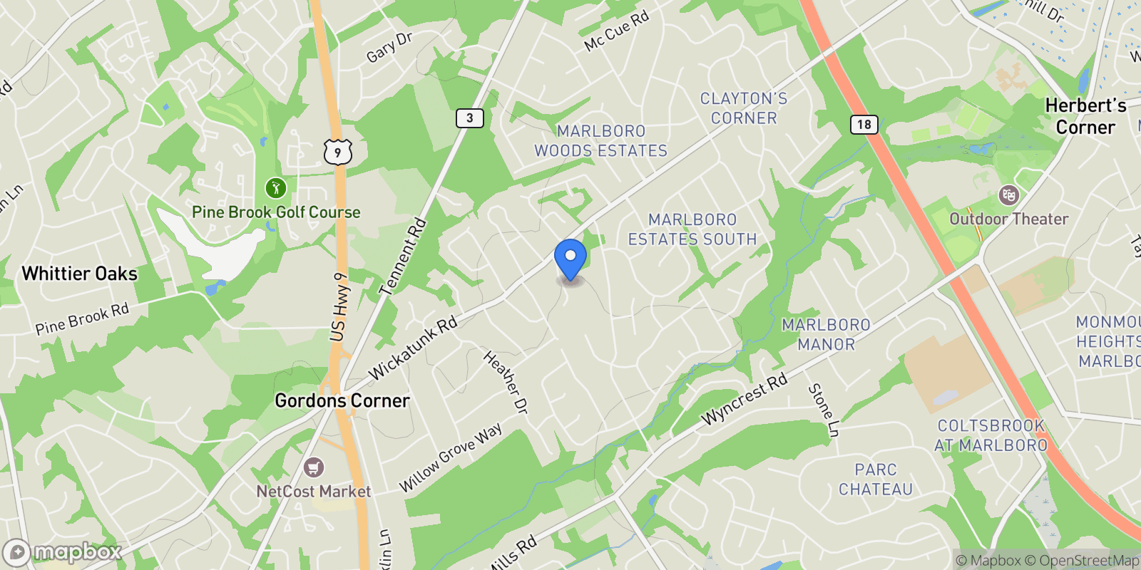 Map showing 9 Bennett Court, Marlboro, NJ 07746, Marlboro Township, New Jersey, United States.
