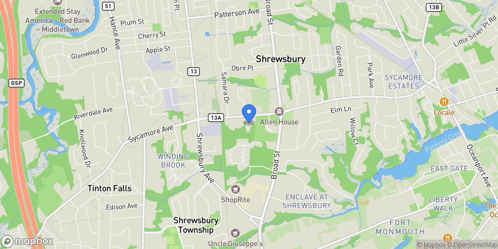 Map showing 459 Sycamore Avenue, Shrewsbury Boro, NJ 07702, Shrewsbury, New Jersey, United States.
