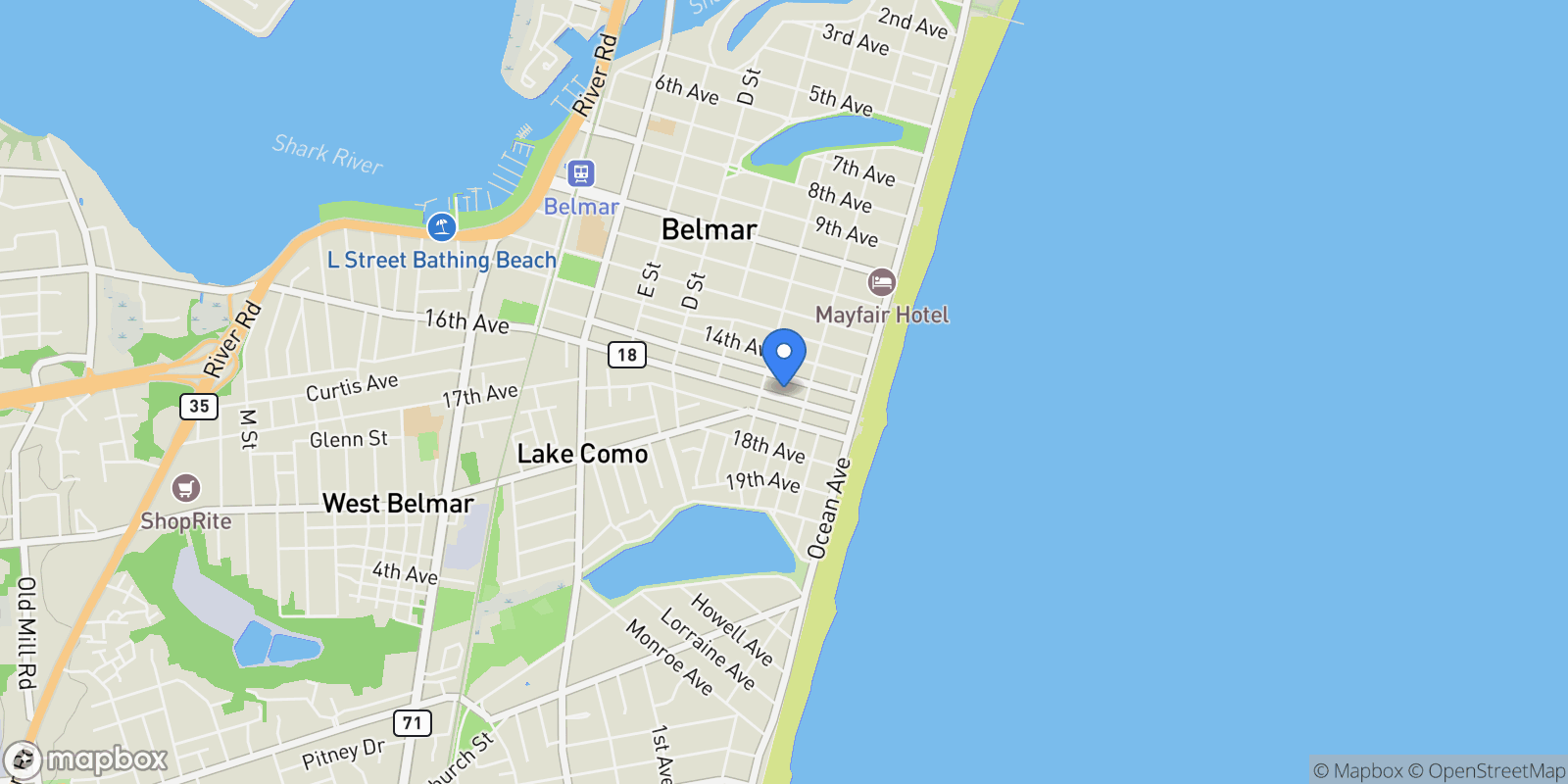 Map showing 206 16th Avenue, Belmar, NJ 07719, Belmar, New Jersey, United States.