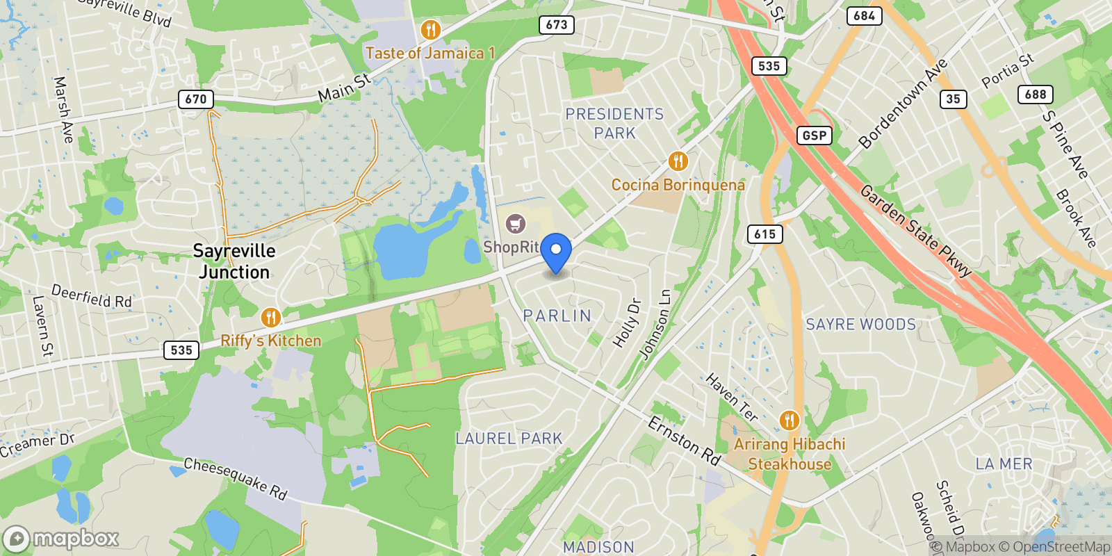 Map showing 90 Cori Street, Parlin, NJ 08859, Sayreville, New Jersey, United States.