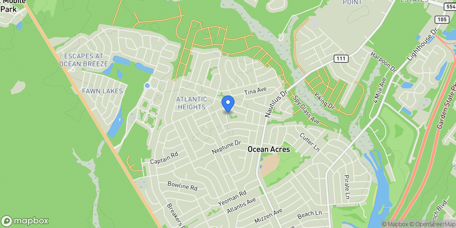 Map showing 113 Toggle Road, Manahawkin, NJ 08050, Stafford Township, New Jersey, United States.