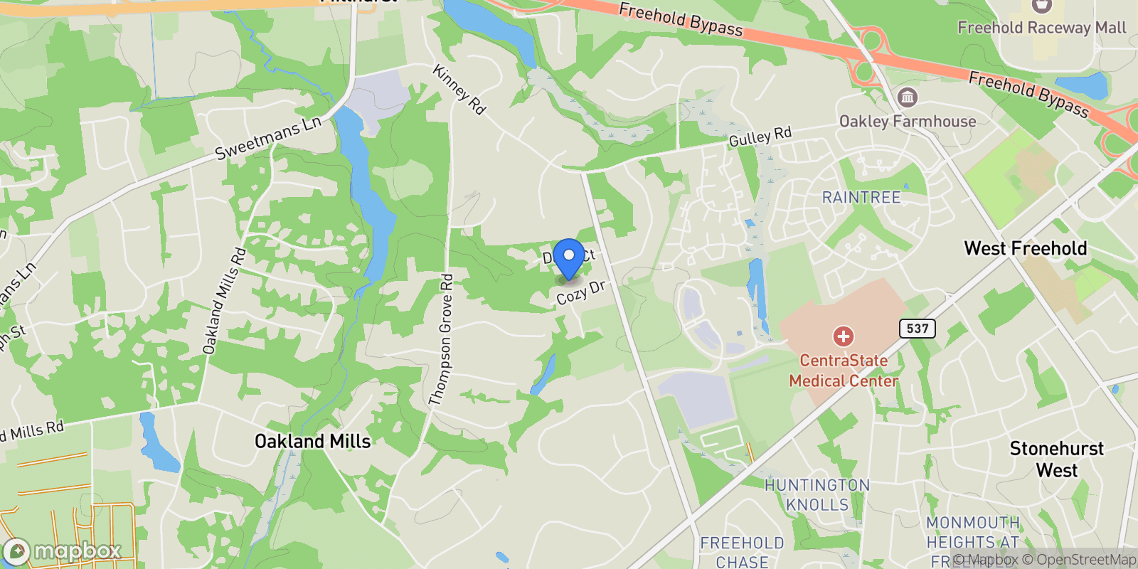 Map showing 6 Cozy Drive, Manalapan, NJ 07726, Manalapan Township, New Jersey, United States.