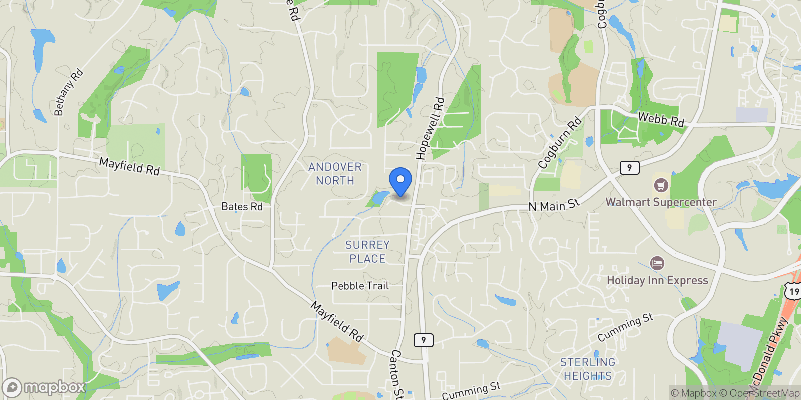 Map showing 115 Baxley Lane, Alpharetta, GA 30004, Milton, Georgia, United States.