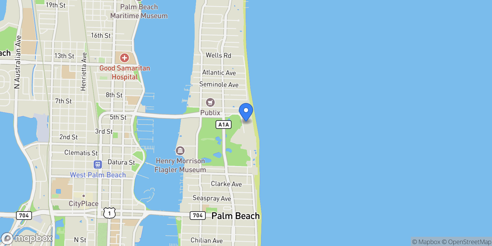 Map showing 2 N Breakers Row Row Ph4, Palm Beach, Florida, United States.