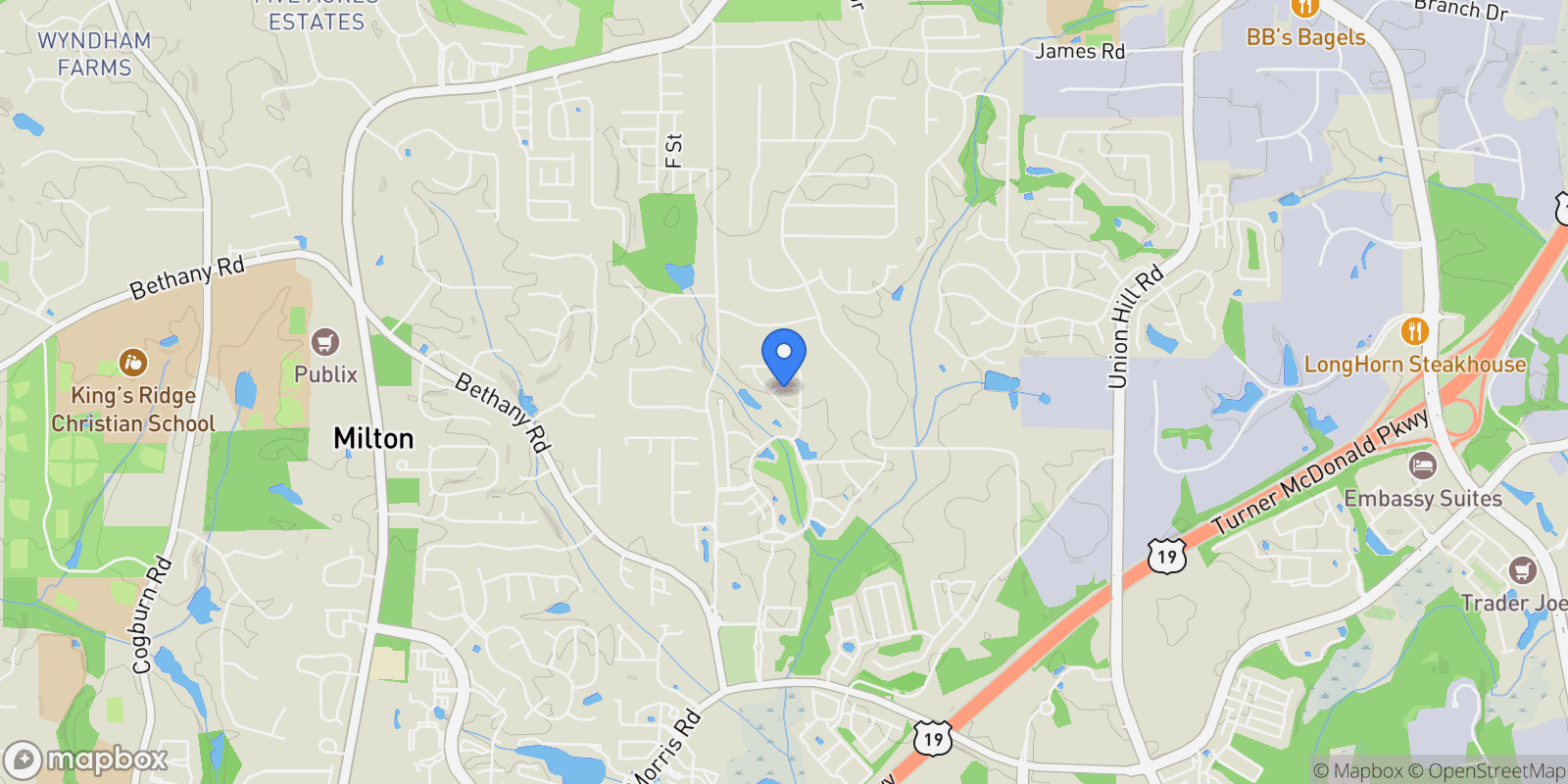 Map showing 1055 Poppy Pointe, Alpharetta, GA 30004, Milton, Georgia, United States.
