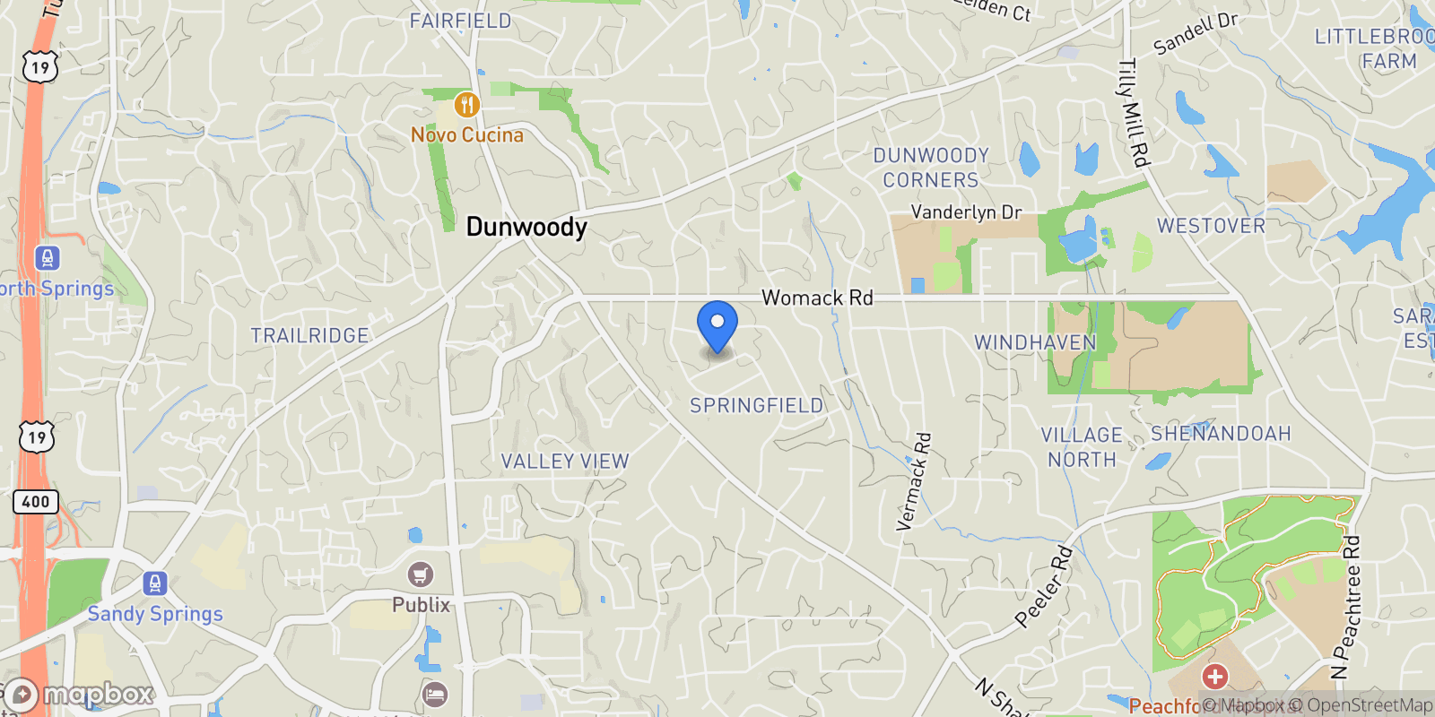 Map showing 4955 Springfield Drive, Atlanta, GA 30338, Dunwoody, Georgia, United States.